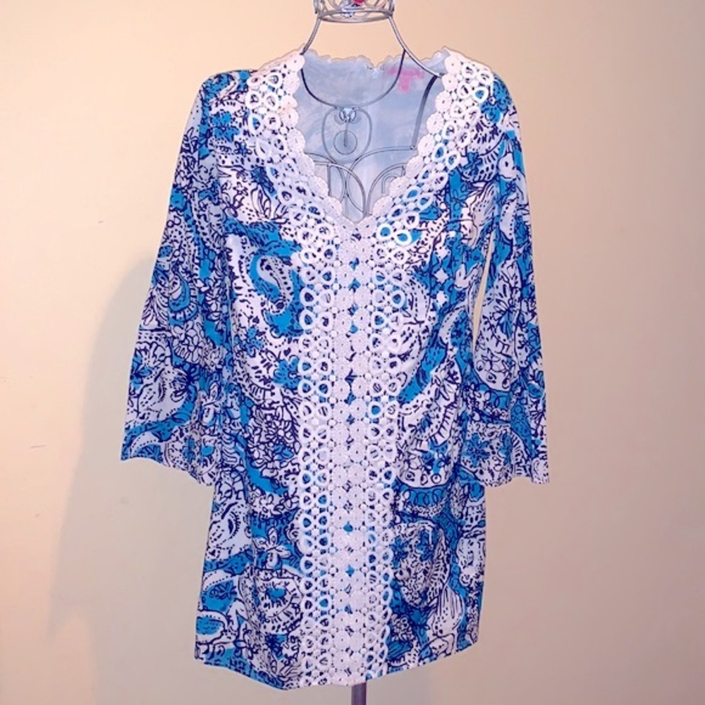Lilly Pulitzer Blue White Skimmer A-Line Lace Detailing Dress